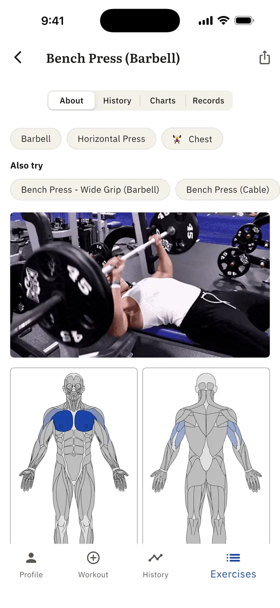 An exercise page for Bench Press showing a demonstration photo and front and back muscle diagrams.