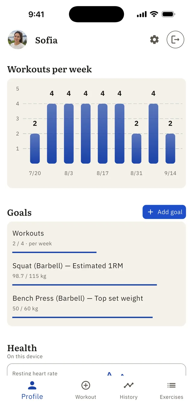 The Heart profile screen: a bar chart of workouts per week, three goals in progress, and a health section marked "on this device".