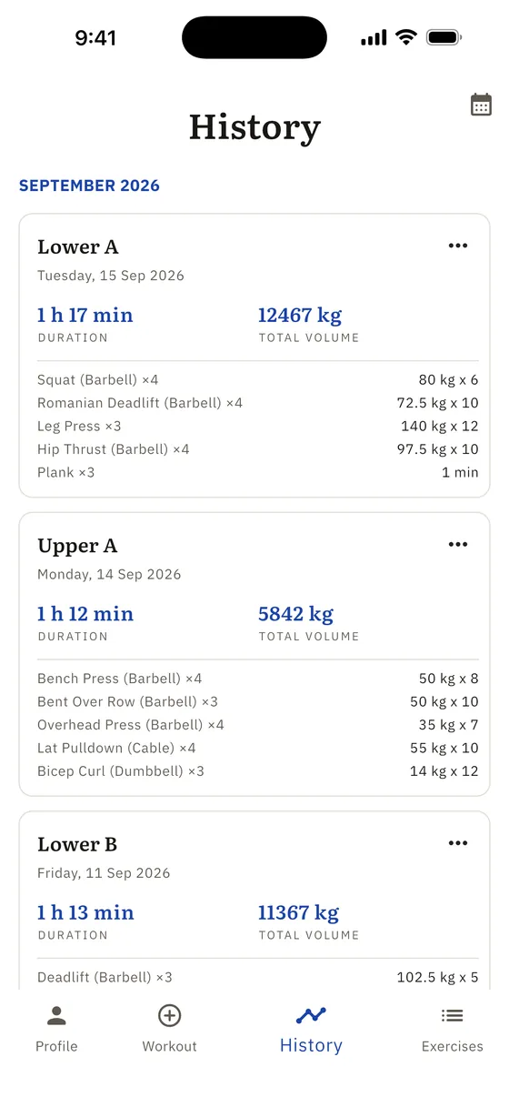 A list of past workouts grouped by month, each showing duration, total volume and every exercise.