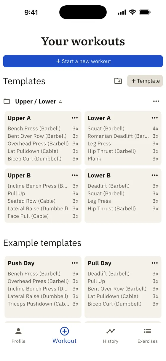 The workout tab: a folder of four templates, each listing its exercises and set counts.